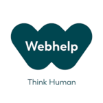 Logo der Firma Webhelp bestehend aus einem schwarzblauen W innenliegend in weiß der Schriftzug Webhelp darunter in schwarzblau der Schriftzug Think Human