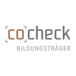 Logo cocheck Bildungsträger bestehend aus einem braunen CO in eckigen Klammern und grauem check Bildungsträger